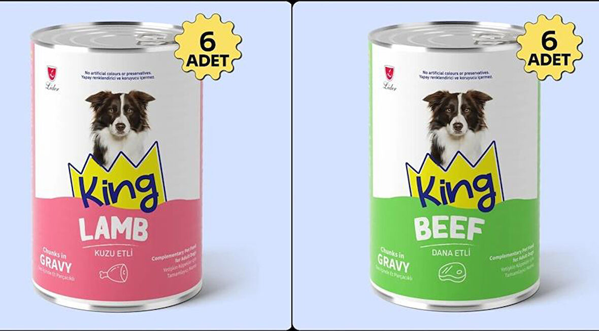 King Sos İçerisinde Et Parçacıklı Kuzu Etli ve Dana Etli Köpek Konservesi 400 Gr*12 Adet