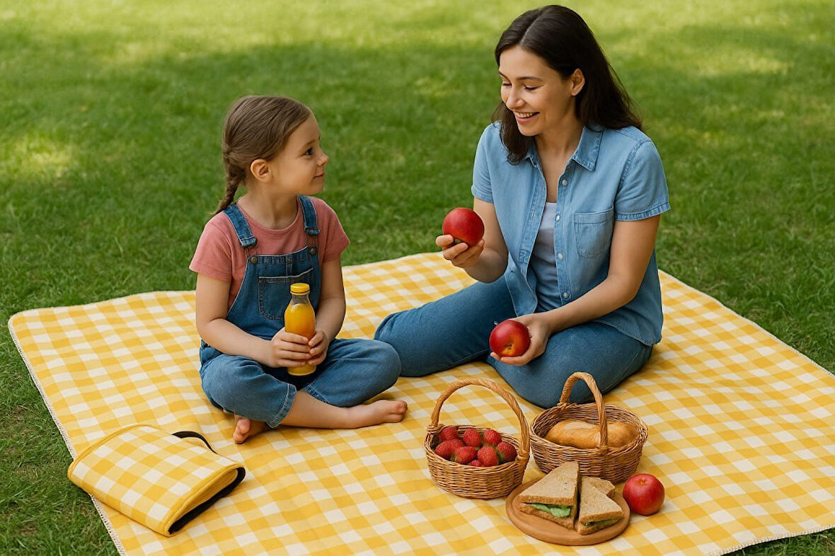 Kendinden Çantalı Sarı Ekose Piknik Örtüsü 150x150 cm Taşınabilir Cırtlı Piknik Matı, Taşıma Kordonlu, İnce Katlanabilir Örtü