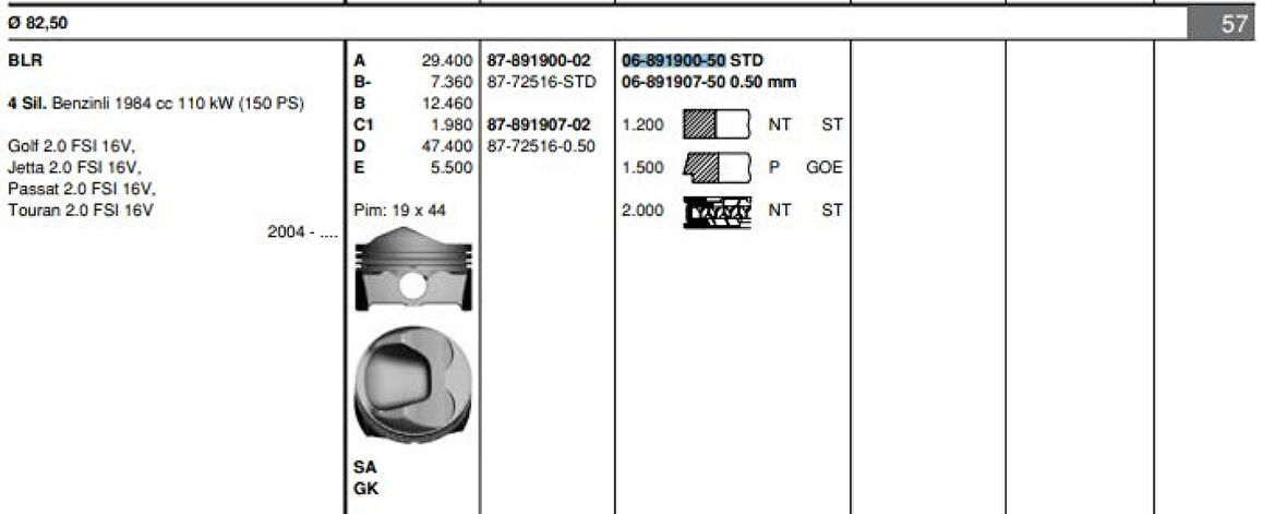 Vag Motor Segmanı Takım (1 Pistonluk) / (82,50mm Std) Golf V Jetta III Beetle Passat Touran A3 A4 A6 A8 - Goetze 68919005g