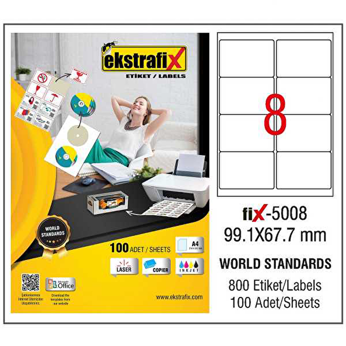 Ekstrafix Laser Etiket 100 YP 99.1x67.7 Laser-Copy-Inkjet Fİx-5008