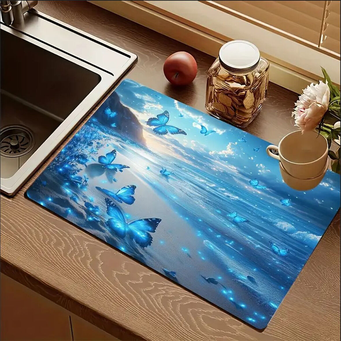 55 CM x 45 CM MAVİ KELEBEK TASARIMI TEZGAH ÜSTÜ BULAŞIK KURUTMA MATI BULAŞIKLIK KURUTMA ÖRTÜSÜ