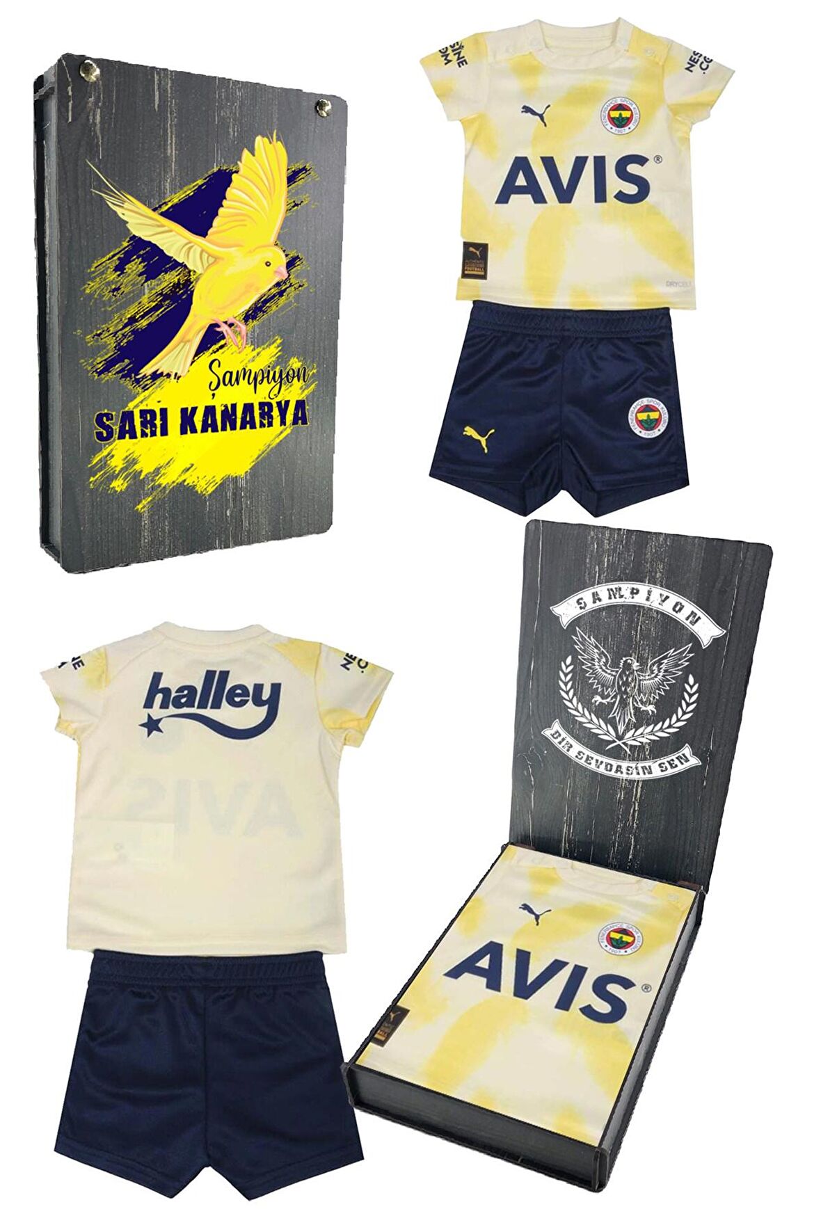 Fenerbahçe Orijinal Sarı Beyaz Mini Forma Set Hediyelik Ahşap Kutulu