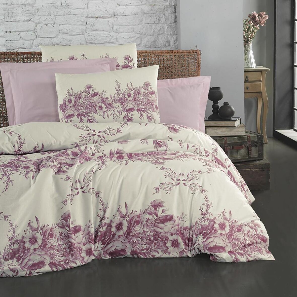 Schafer Rose Çiçekli Pamuk Çift Kişilik Nevresim Takımı