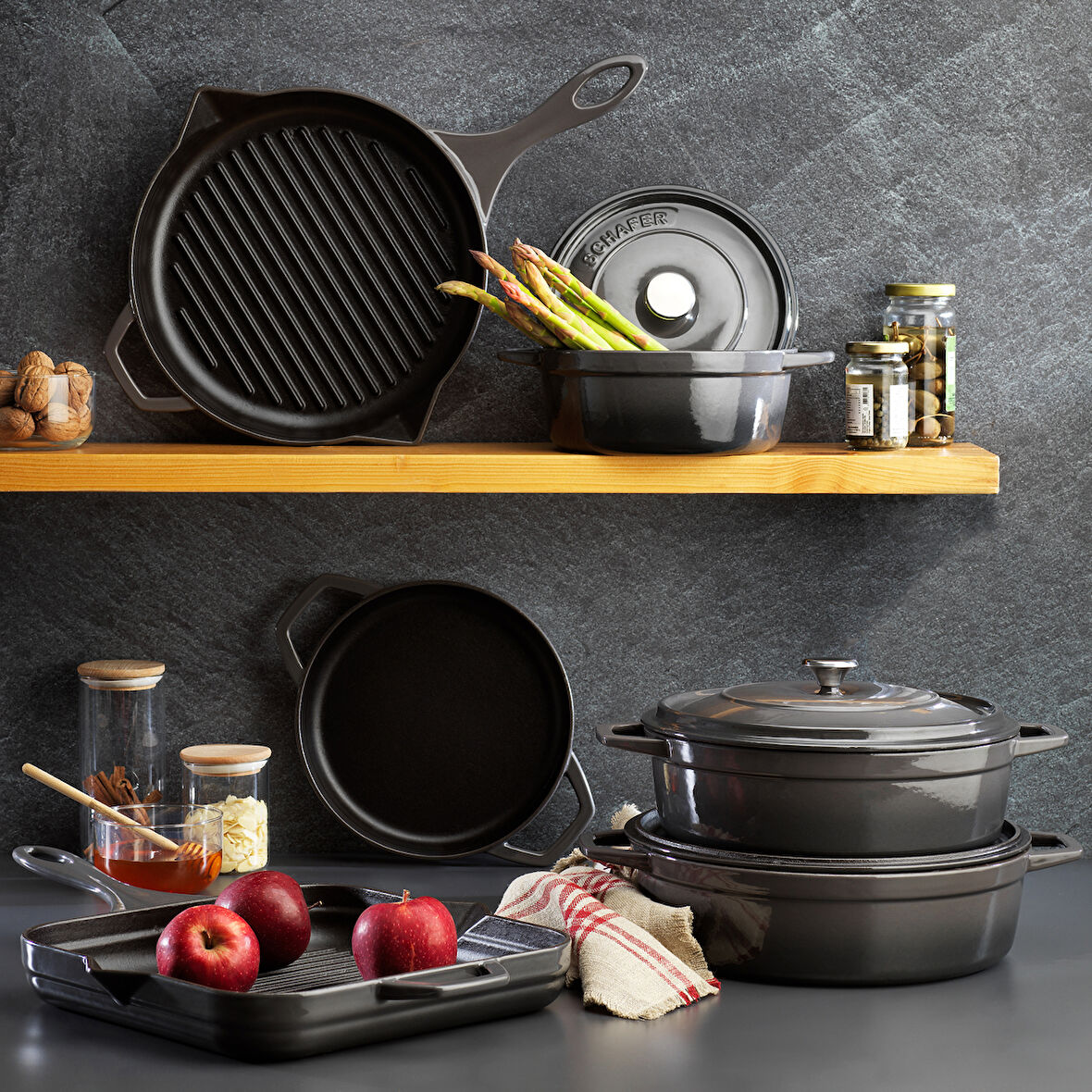 Schafer Guss Chef Döküm Sahan Çift Kulplu 19 Cm 1 Parça-Gri