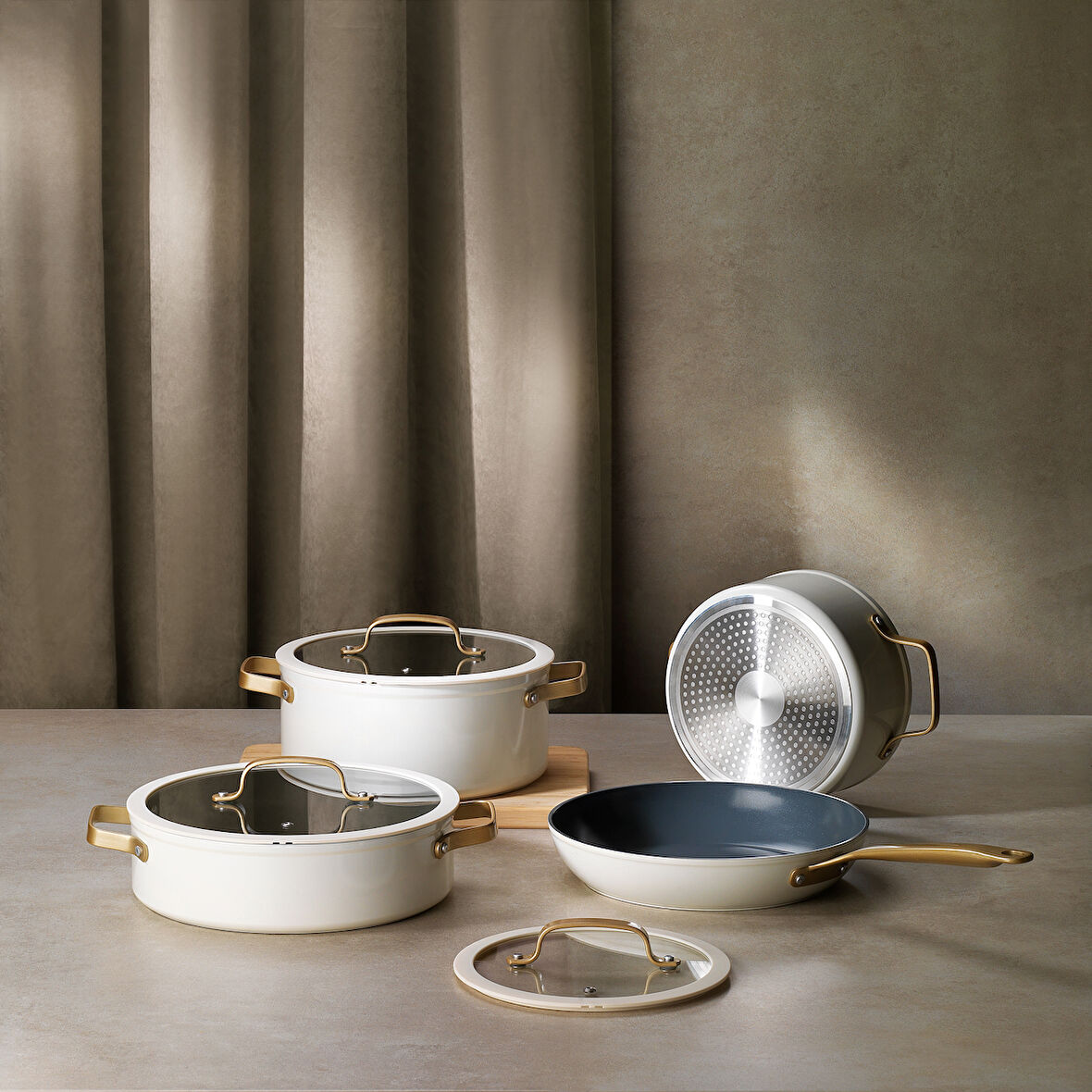 Schafer Sapphire Seramik Tencere Seti 7 Parça-Beyaz/Gold