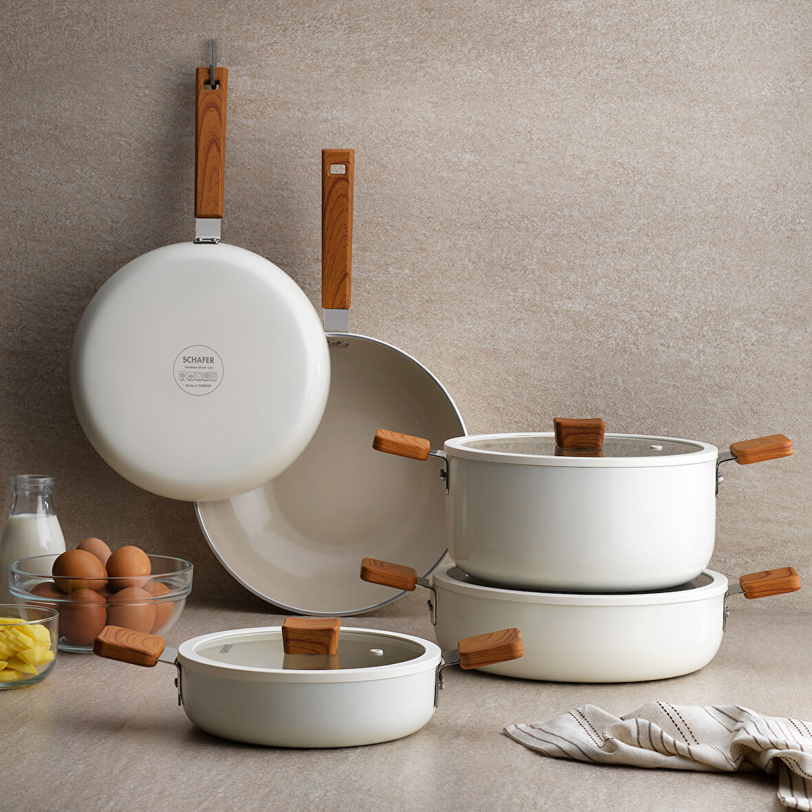 Schafer Ceramoni Seramik Basık Tencere 30 Cm-Krem