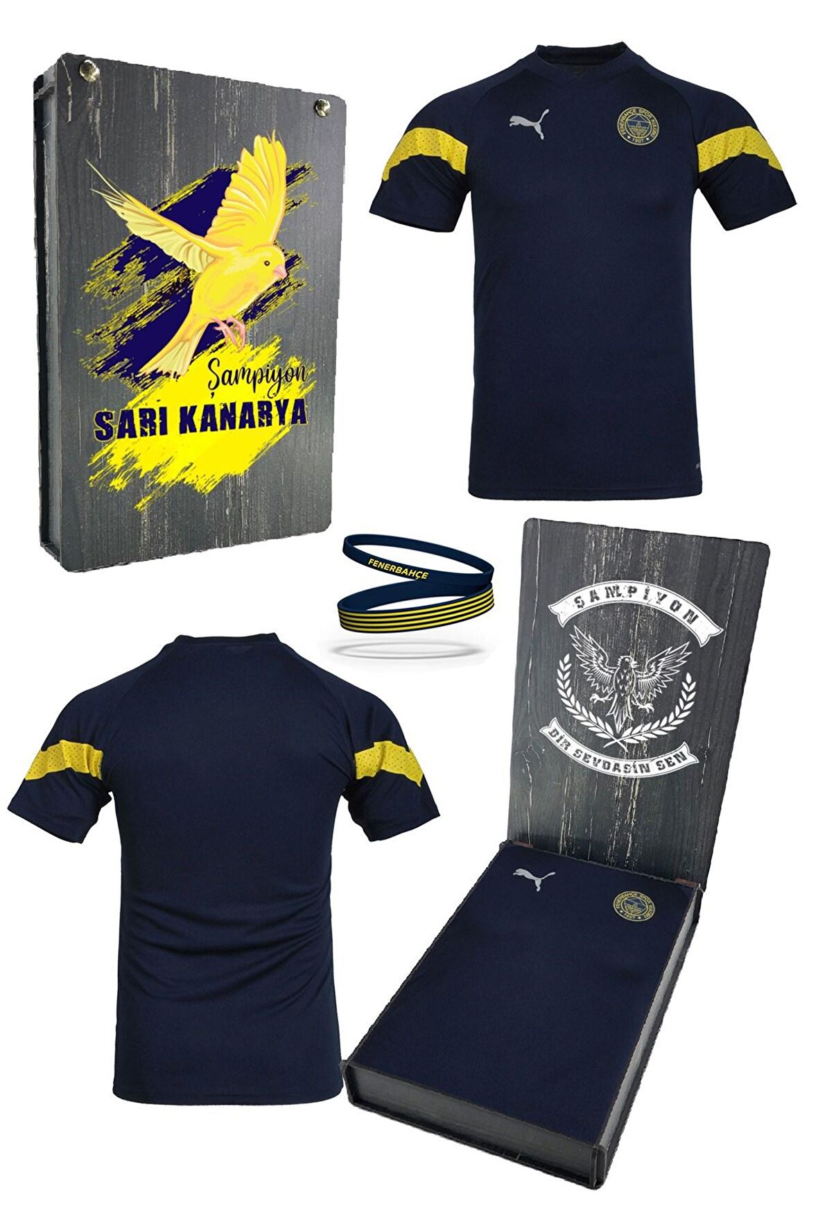 Fenerbahçe Orijinal Puma Lacivert Çocuk T-Shirt + Bileklik Set Özel Ahşap Kutulu