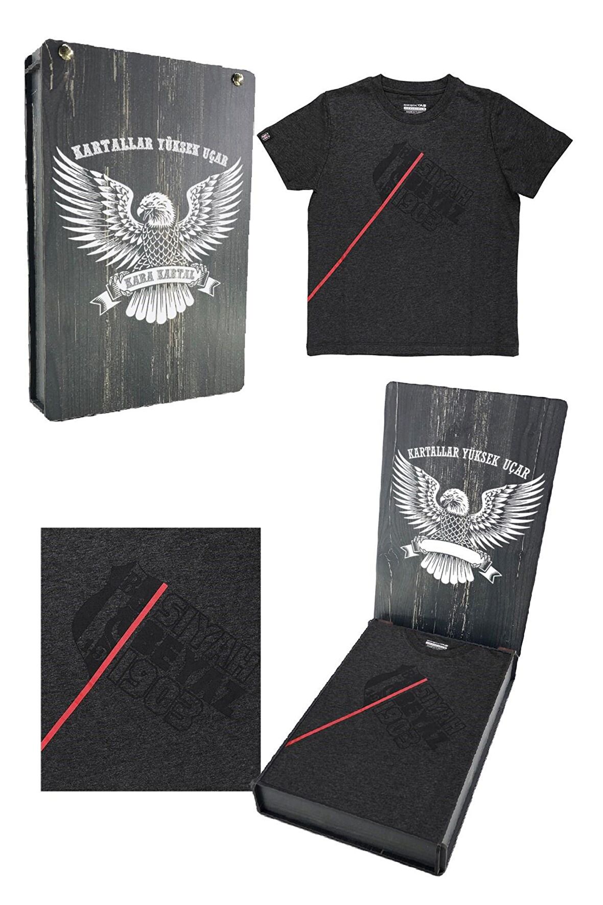 Beşiktaş Orijinal Lisanslı Antrasit Siyah Çocuk T-shirt Hediyelik Ahşap Kutulu
