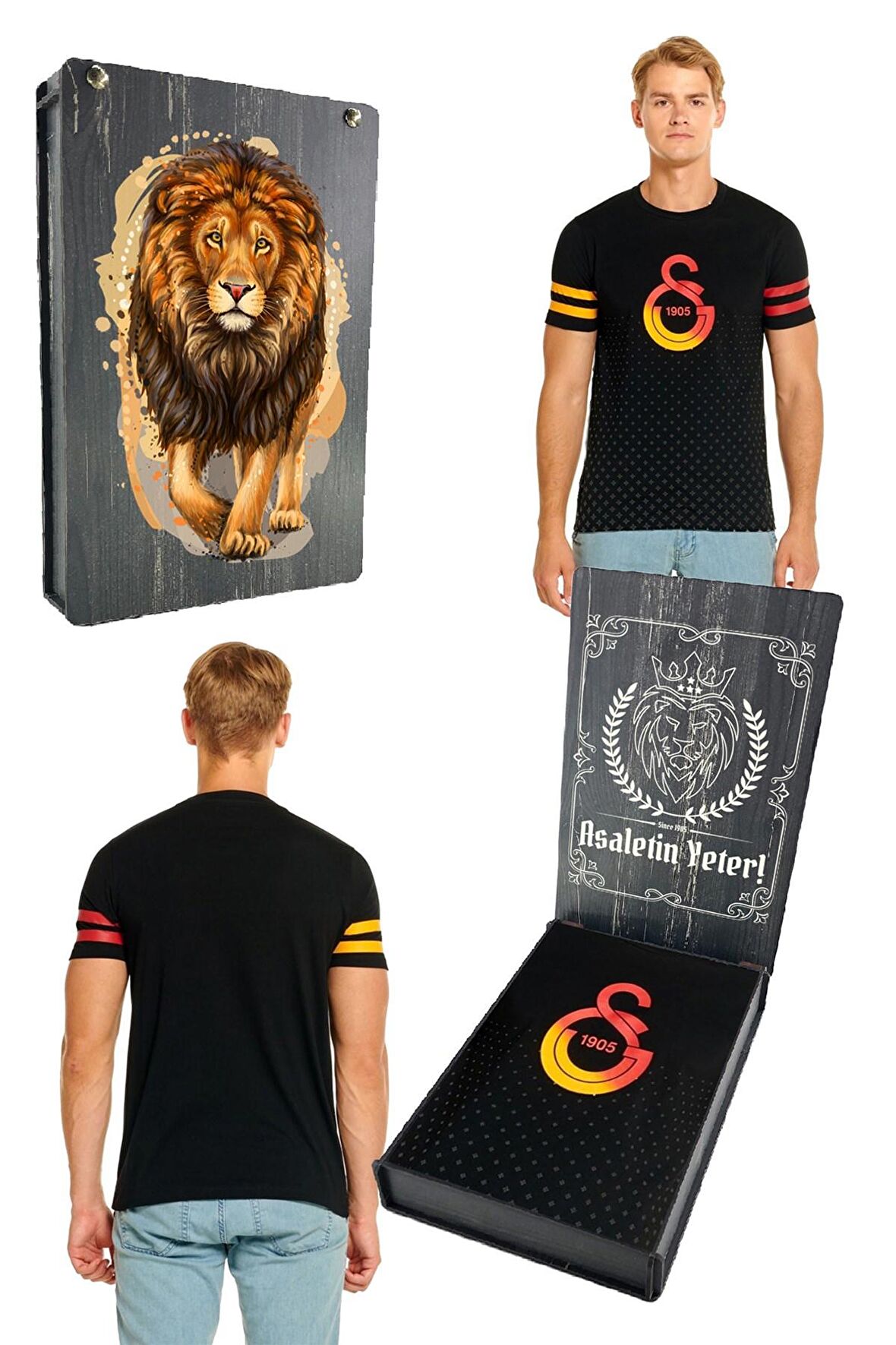 Galatasaray Orijinal Logo Baskılı Siyah T-Shirt Gs Aslan Baskılı Hediyelik Ahşap Kutulu