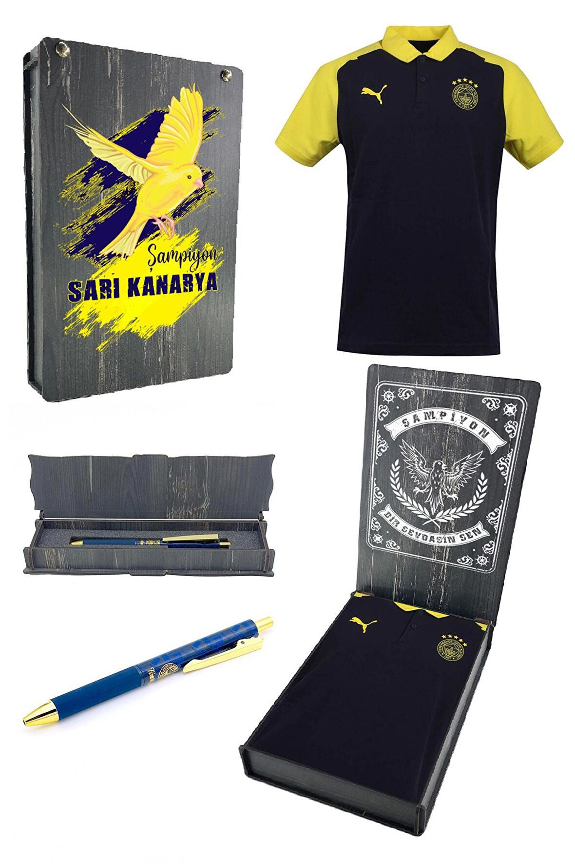 Fenerbahçe Orijinal A Takım Hoca Sarı Laci Polo Yaka T-Shirt + Kalem Set Ahşap Kutulu