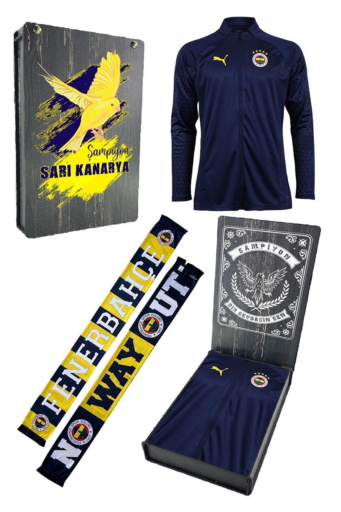 Fenerbahçe Orijinal 23/24 A Takım Hoca Tam Fermuar Lacivert Çocuk Sweat + Şal (Atkı) Set Kutulu