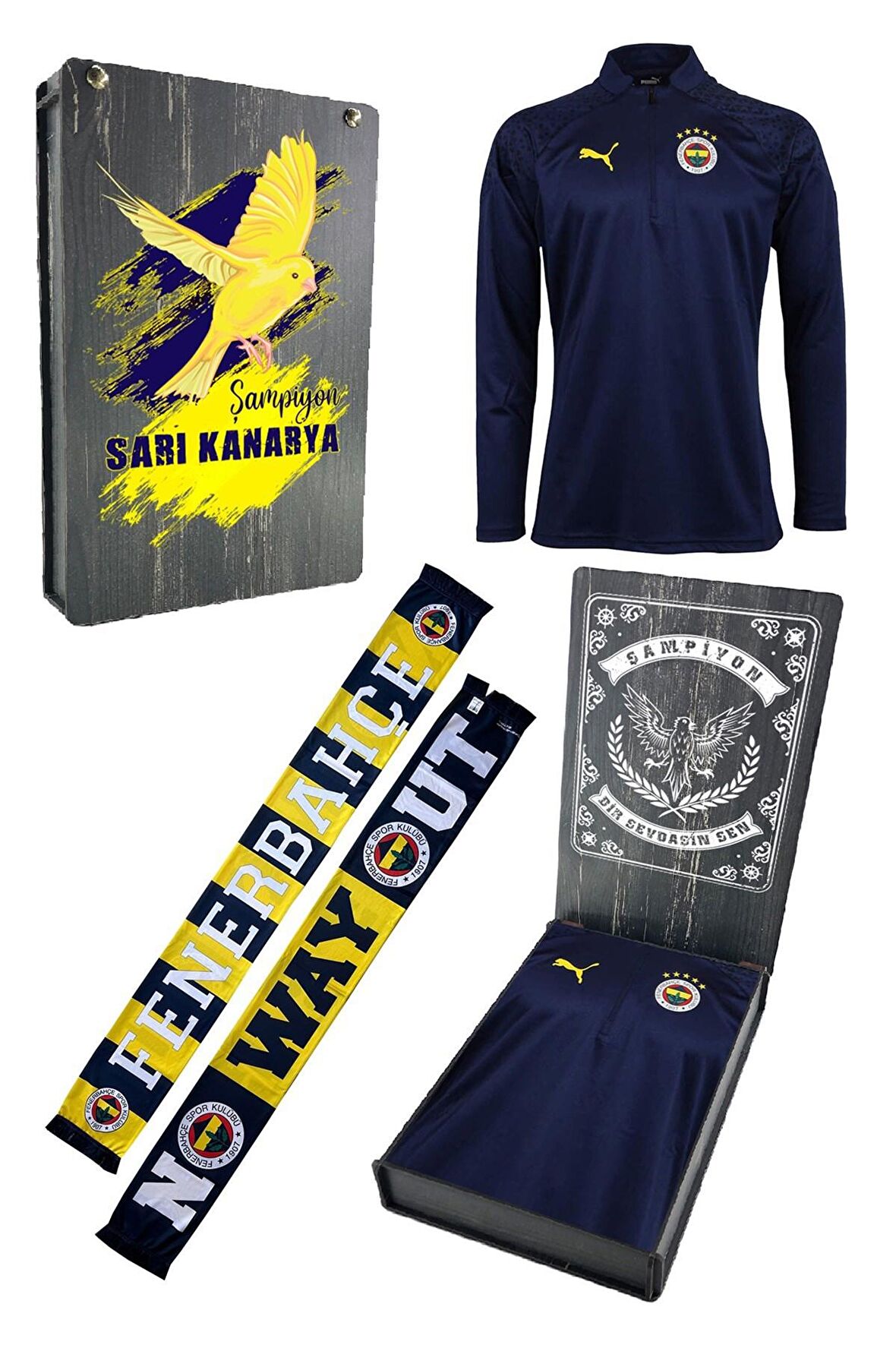 Fenerbahçe Orijinal 23/24 A Takım Hoca Yarım Fermuar Lacivert Çocuk Sweat + Şal (Atkı) Set Kutulu