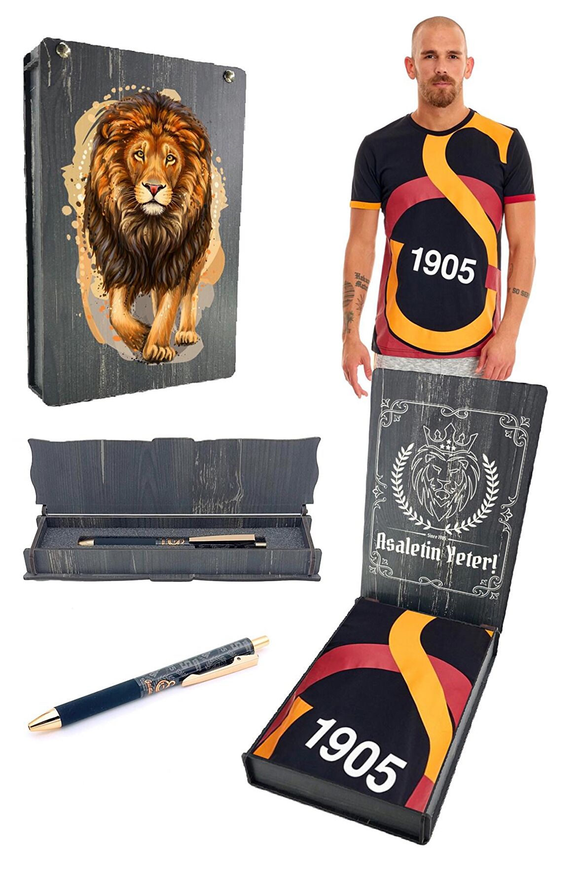 Galatasaray Orijinal Lisanslı Arma T-shirt + Kalem Set Hediyelik Ahşap Kutulu