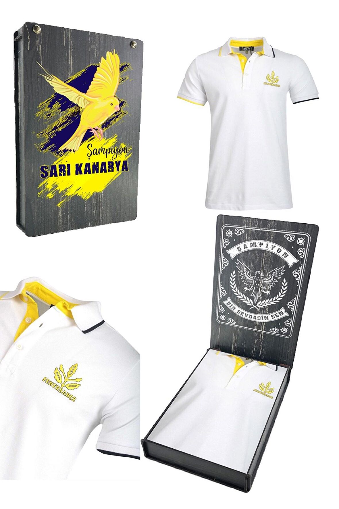 Fenerbahçe Orijinal Lisanslı Nakış İşleme Logolu Polo Yaka Beyaz T-Shirt Ahşap Kutulu