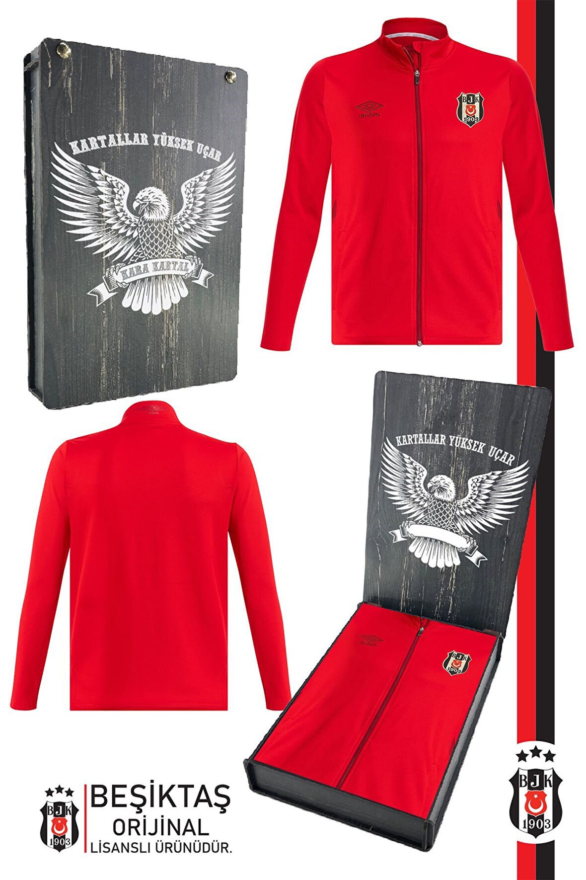 Beşiktaş Orijinal Lisanslı Tam Fermuarlı Dik Yaka Kırmızı Antrenman Sweat Hediyelik Ahşap Kutulu