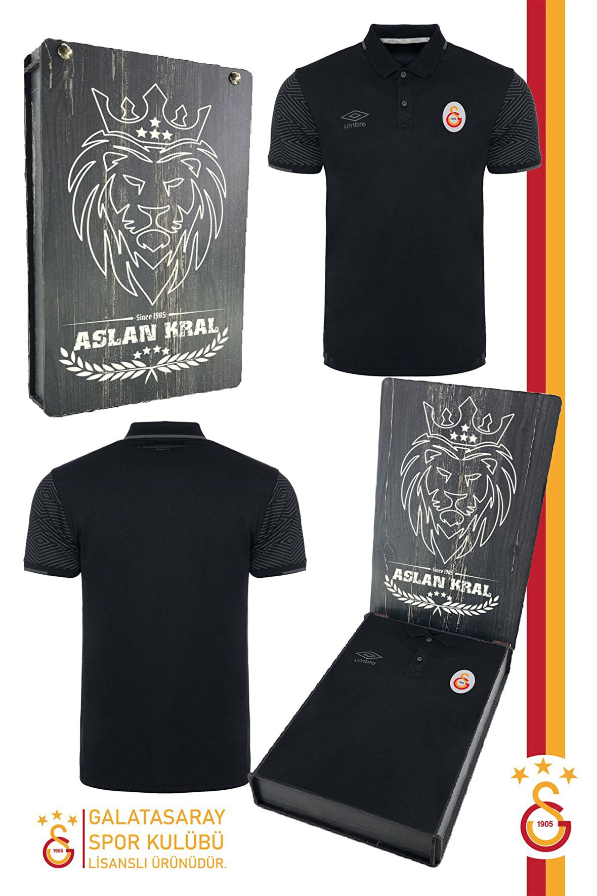 Galatasaray Orijinal Lisanslı Polo Yaka Siyah Spor T-Shirt Hediyelik Ahşap Kutulu
