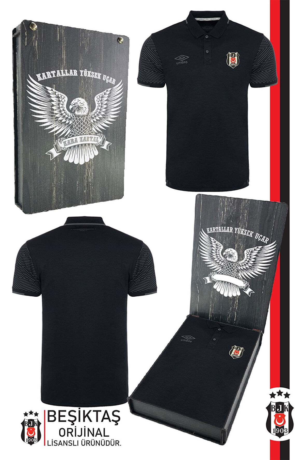 Beşiktaş Orijinal Lisanslı Polo Yaka Siyah Spor T-Shirt Hediyelik Ahşap Kutulu