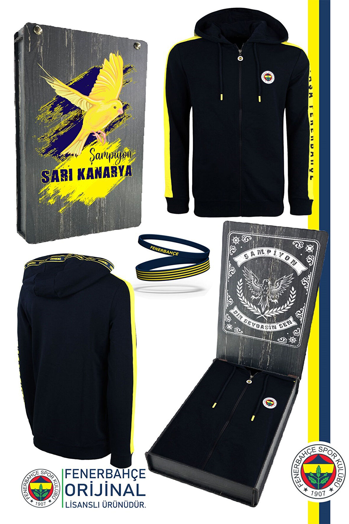 Fenerbahçe Orijinal Lisanslı Kapüşonlu Tam Fermuar Spor Sweat + Bileklik Set Özel Ahşap Kutulu
