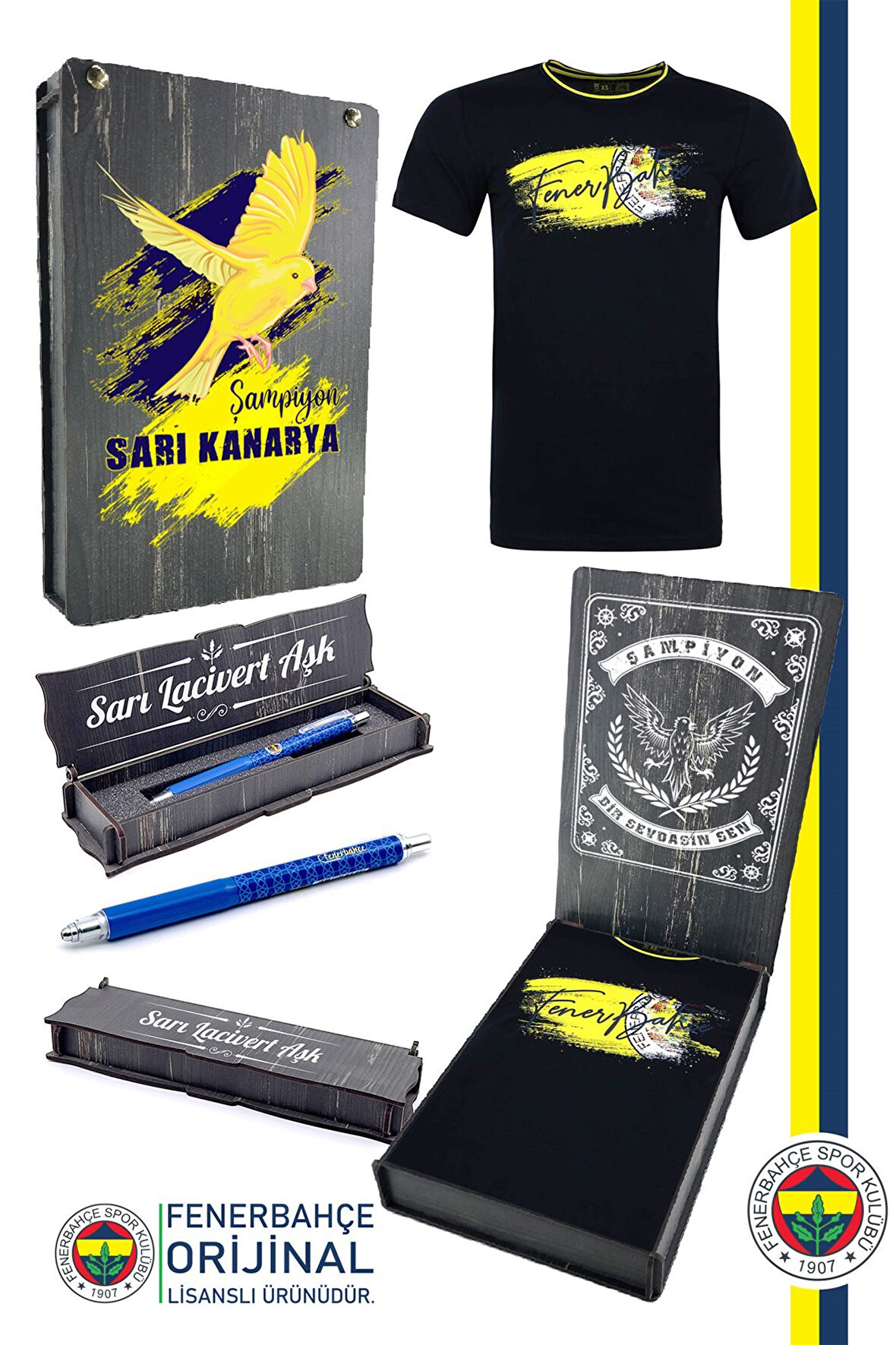 Fenerbahçe Orijinal Lisanslı Sıfır Yaka Lacivert T-Shirt + Kalem Set Hediyelik Ahşap Kutulu