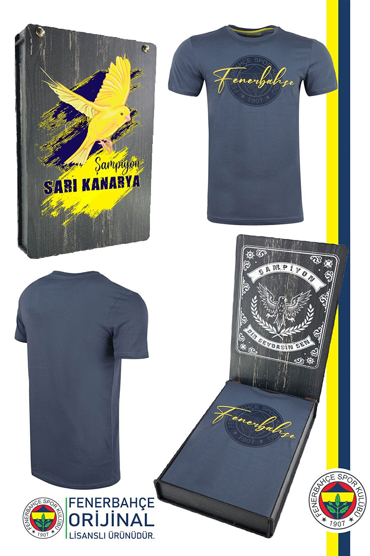 Fenerbahçe Orijinal Lisanslı Sıfır Yaka Logo T-Shirt Kanarya Baskılı Hediyelik Ahşap Kutulu