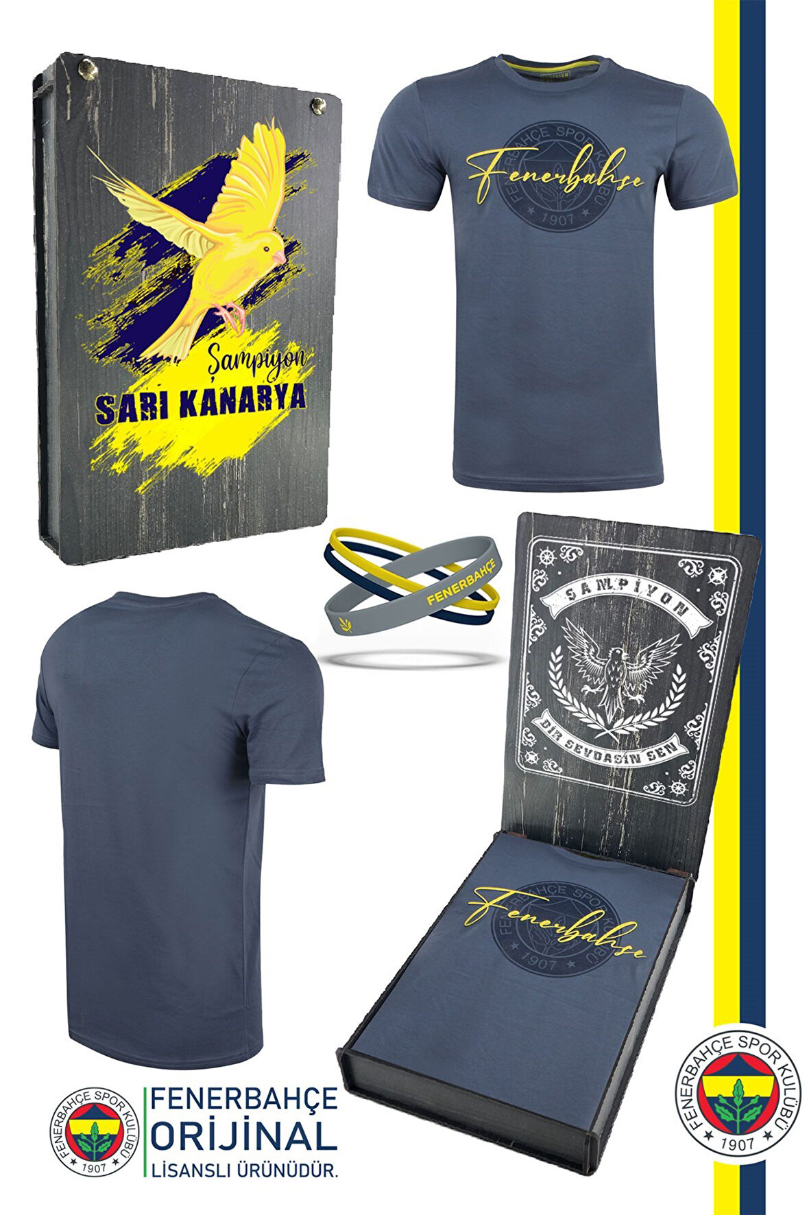 Fenerbahçe Orijinal Lisanslı Sıfır Yaka Logo T-Shirt + Bileklik Set Hediyelik Ahşap Kutulu