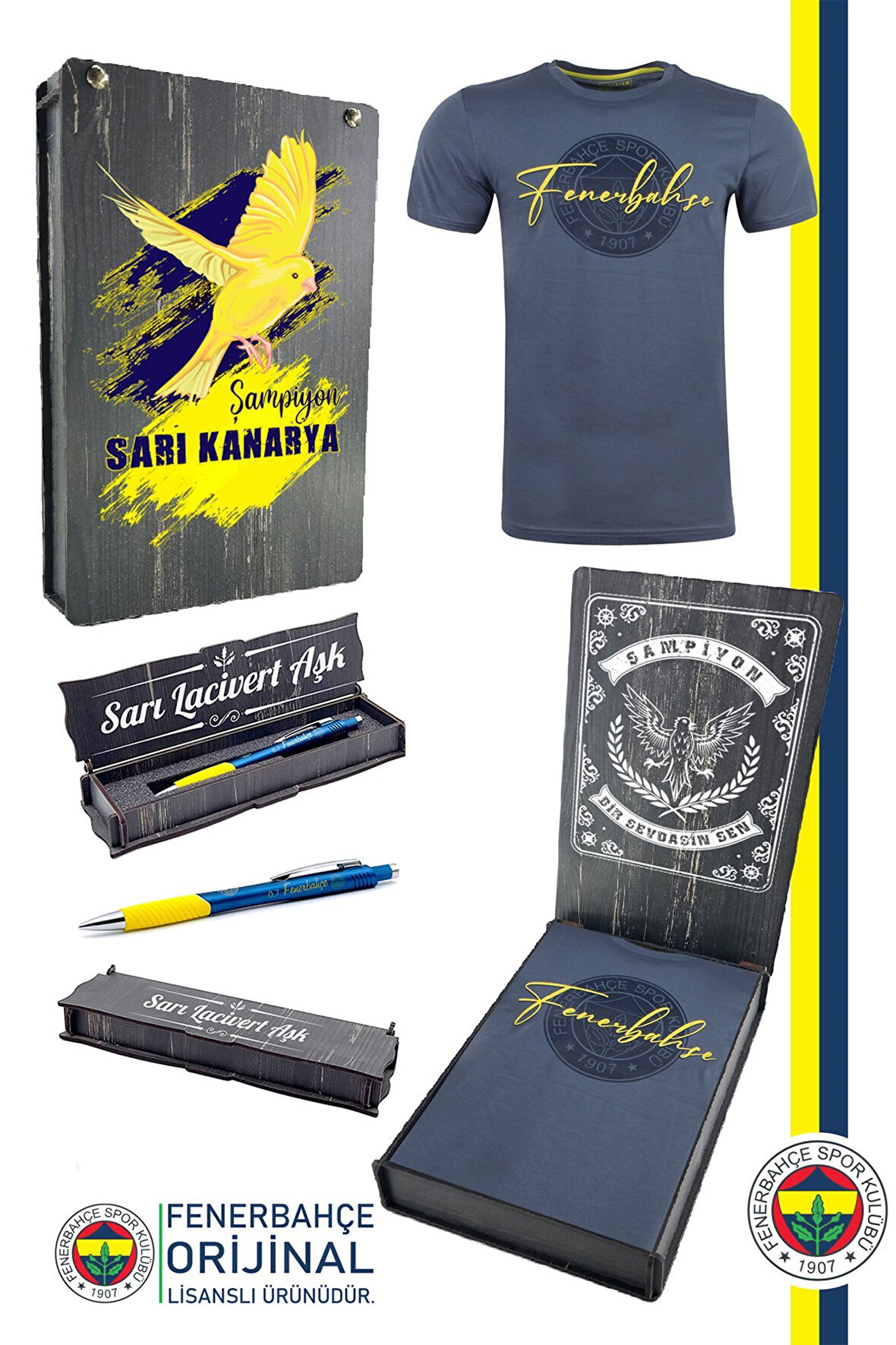 Fenerbahçe Orijinal Lisanslı Sıfır Yaka Logo T-Shirt + Kalem Set Hediyelik Ahşap Kutulu