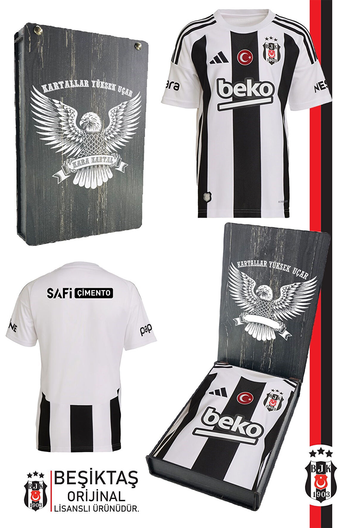 Beşiktaş Orijinal 24-25 Çubuklu Siyah-Beyaz Forma Hediyelik Ahşap Kutulu