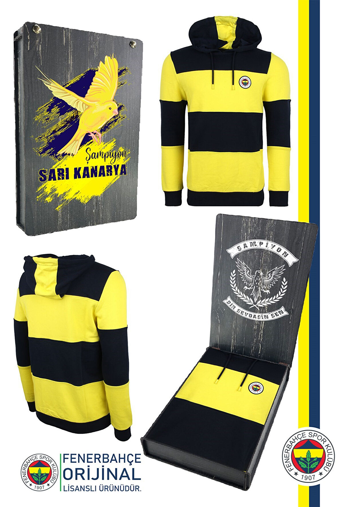 Fenerbahçe Orijinal Lisanslı Sarı Lacivert Kapüşonlu Sweat Ahşap Kutulu