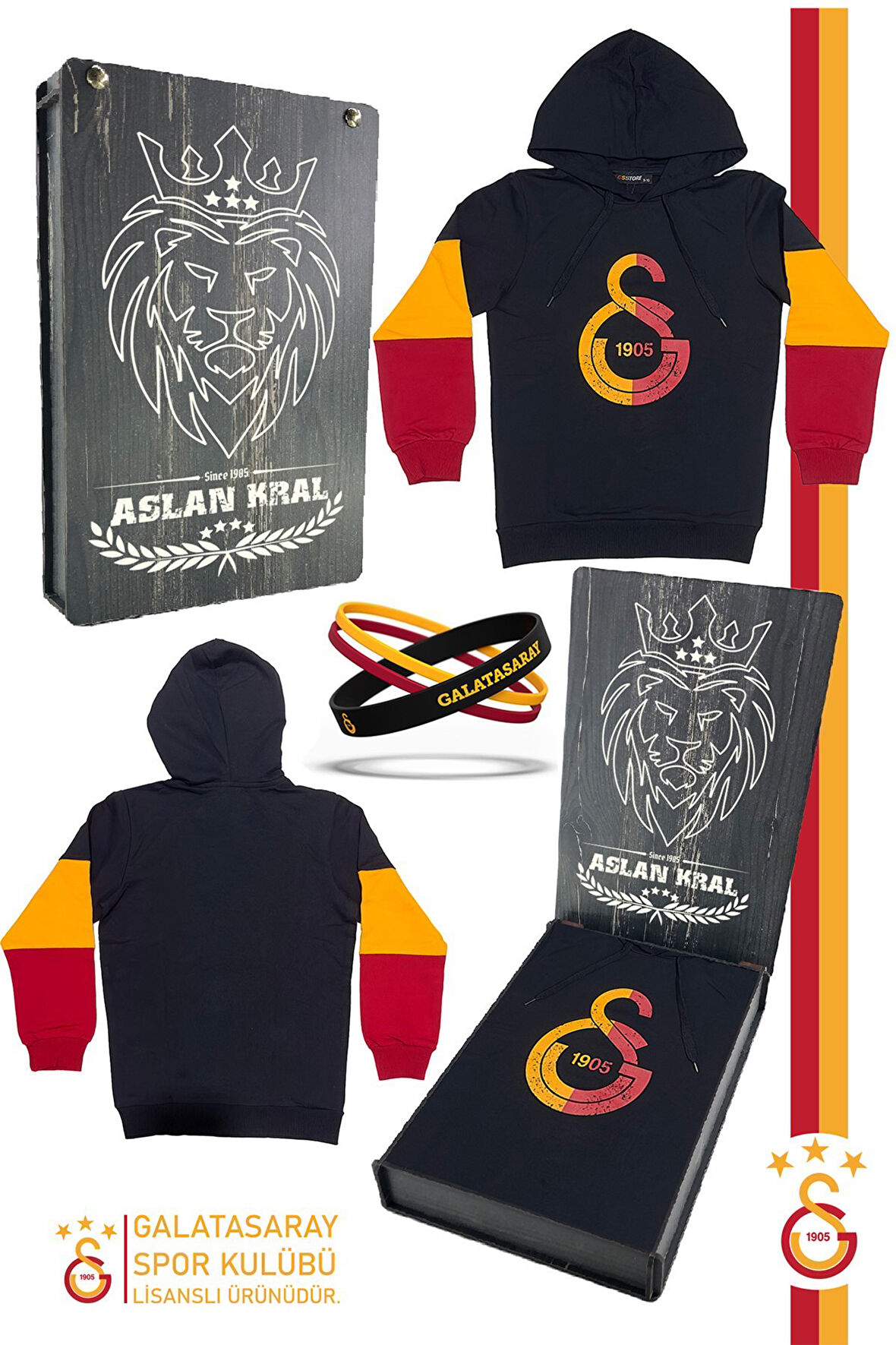 Galatasaray Orijinal Lisanslı Logo Siyah Kapüşonlu Çocuk Sweat Bileklik Set Hediyelik Ahşap Kutulu