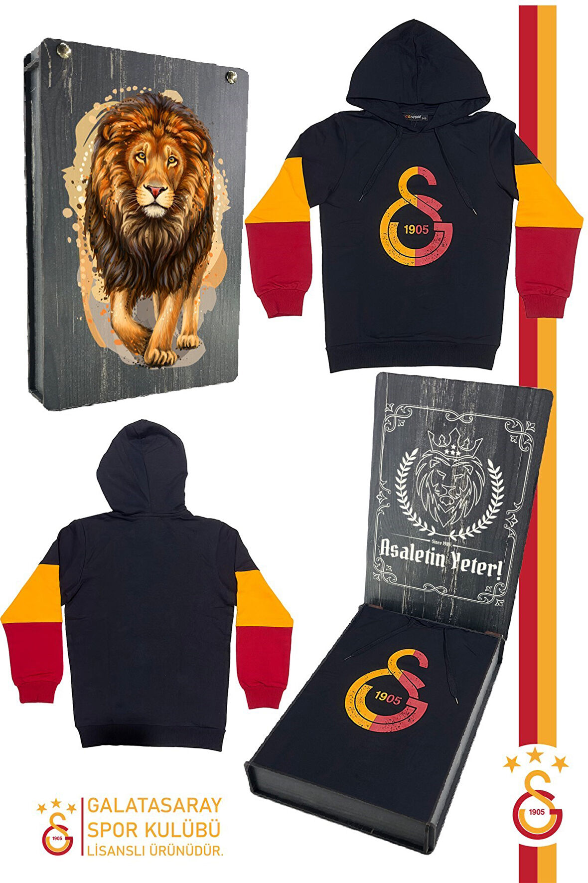Galatasaray Orijinal Lisanslı Logo Siyah Kapüşonlu Sweat Hediyelik Ahşap Kutulu