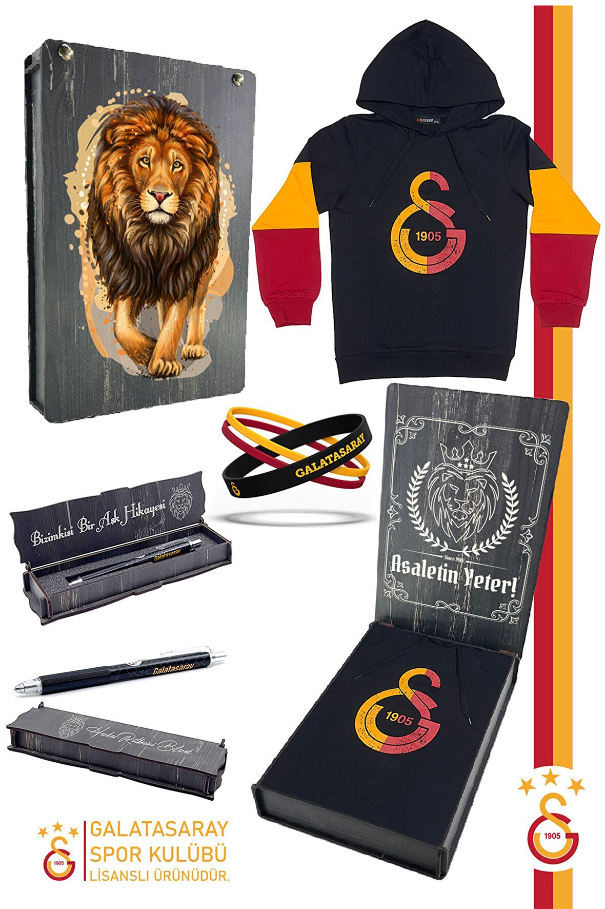 Galatasaray Orijinal Lisanslı Logo Siyah Kapüşonlu Sweat Uçlu Kalem Bileklik Set Hediyelik Kutulu