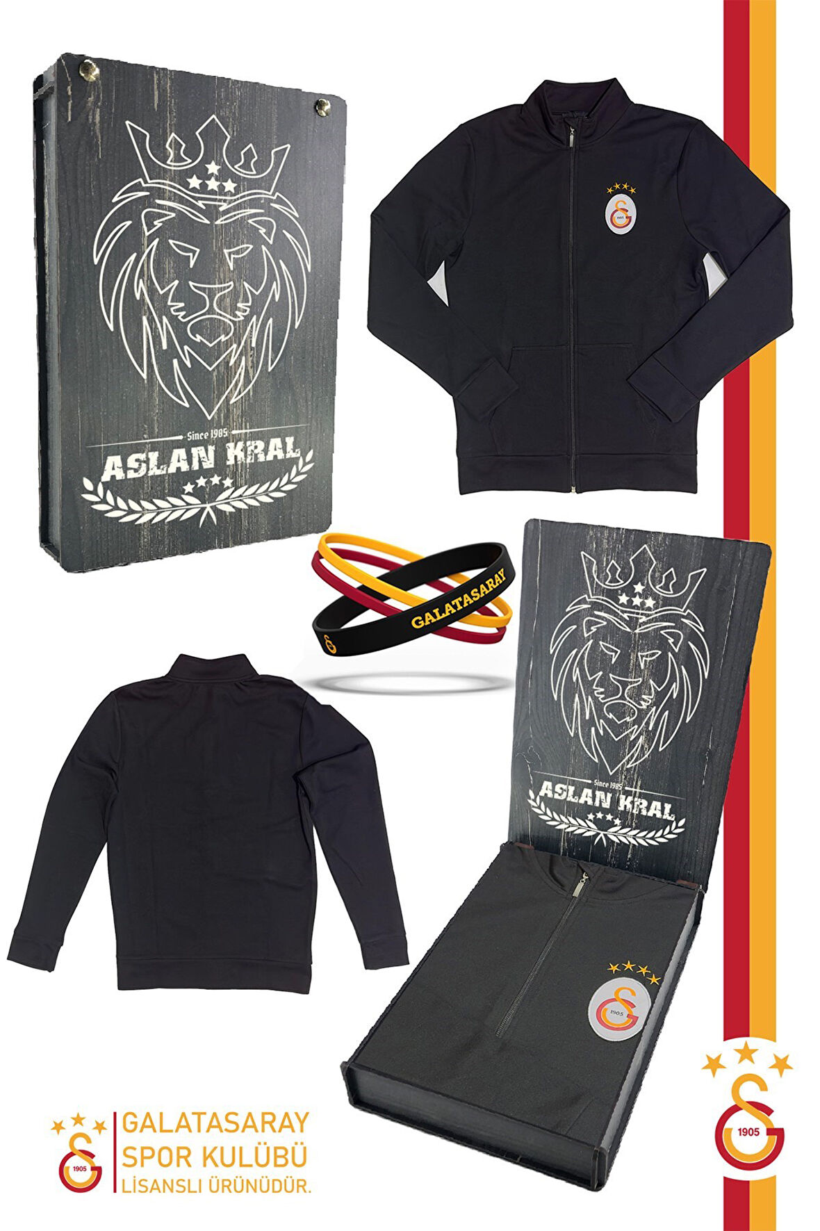 Galatasaray Orijinal Lisanslı Siyah Balıkçı Yaka Sweat Bileklik Set Hediyelik Ahşap Kutulu