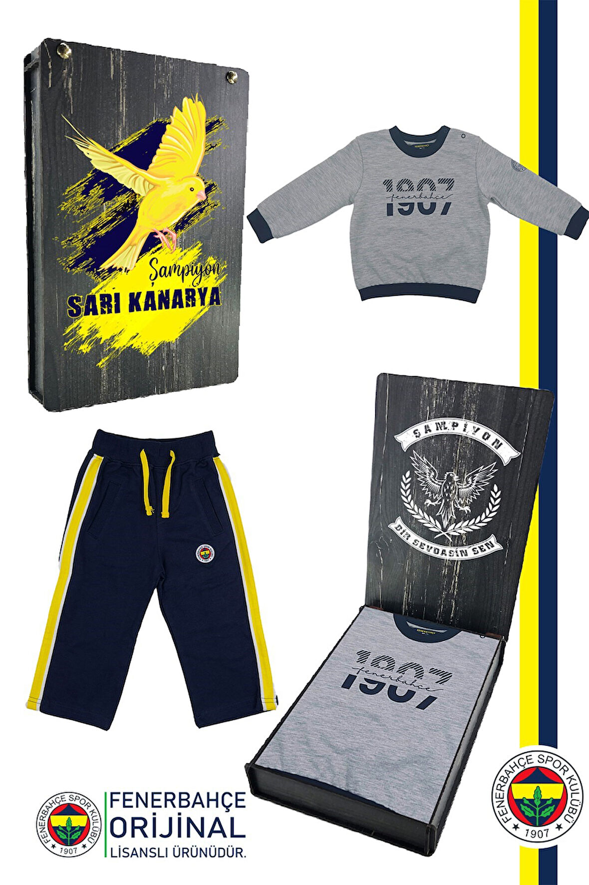 Fenerbahçe Orijinal Lisanslı Uzun Kol Lacivert Bebek 1907 Sweat Eşofman Alt Set Ahşap Kutulu