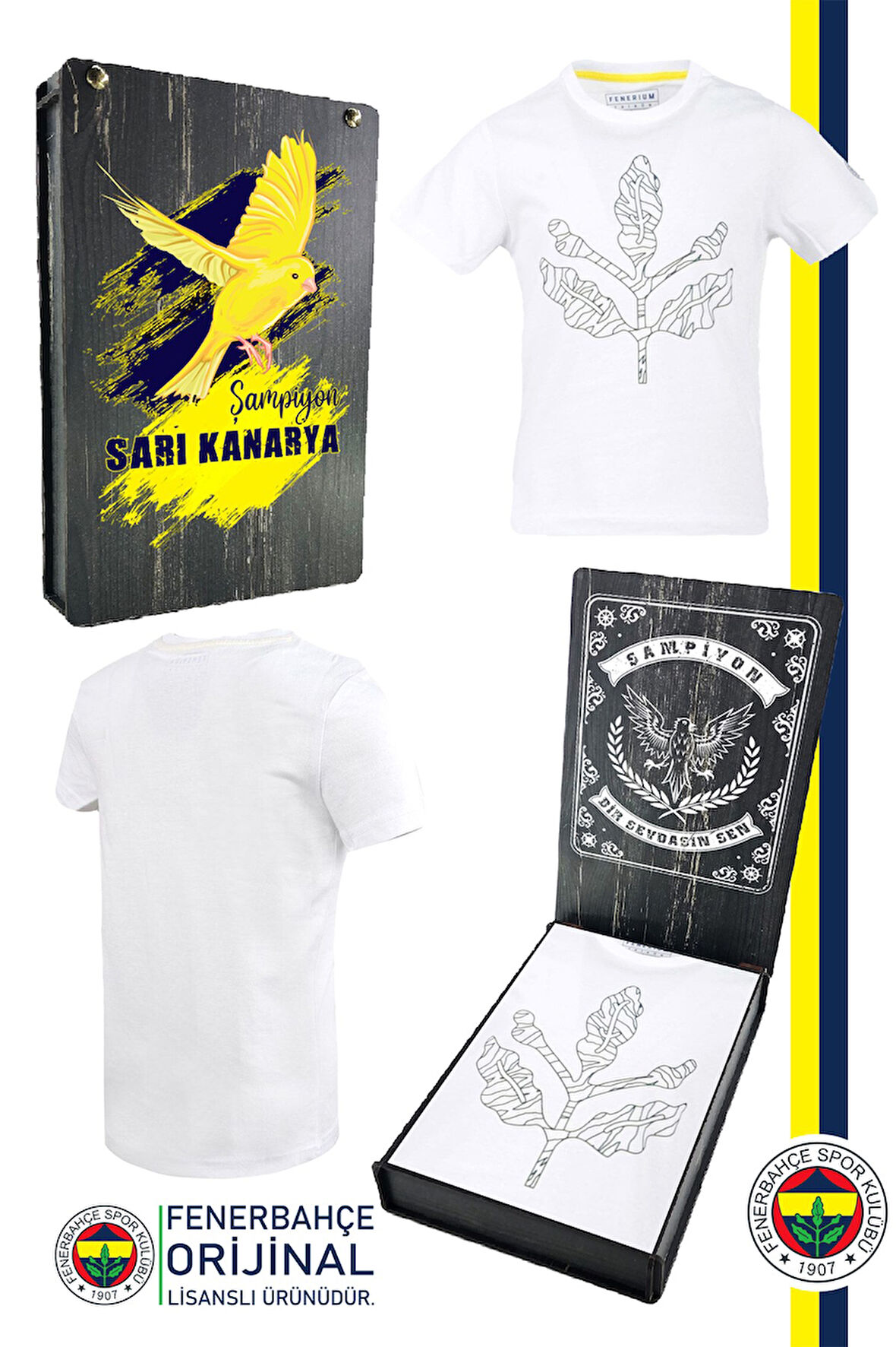 Fenerbahçe Orijinal Palamut Logo Sıfır Yaka Çocuk T-Shirt Hediyelik Ahşap Kutulu