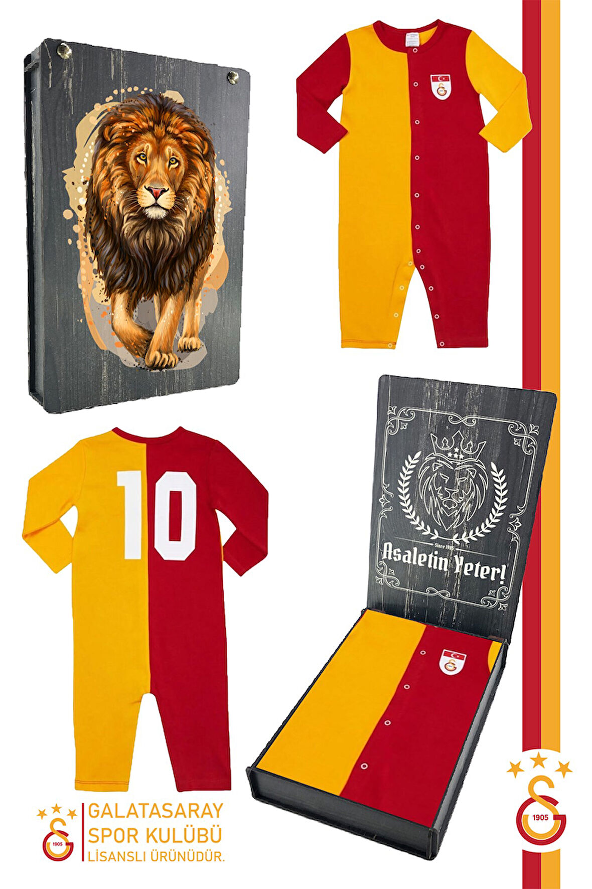 Galatasaray Orijinal Lisanslı Uzun Kol Bebek Tulum Aslan Baskılı Ahşap Kutulu