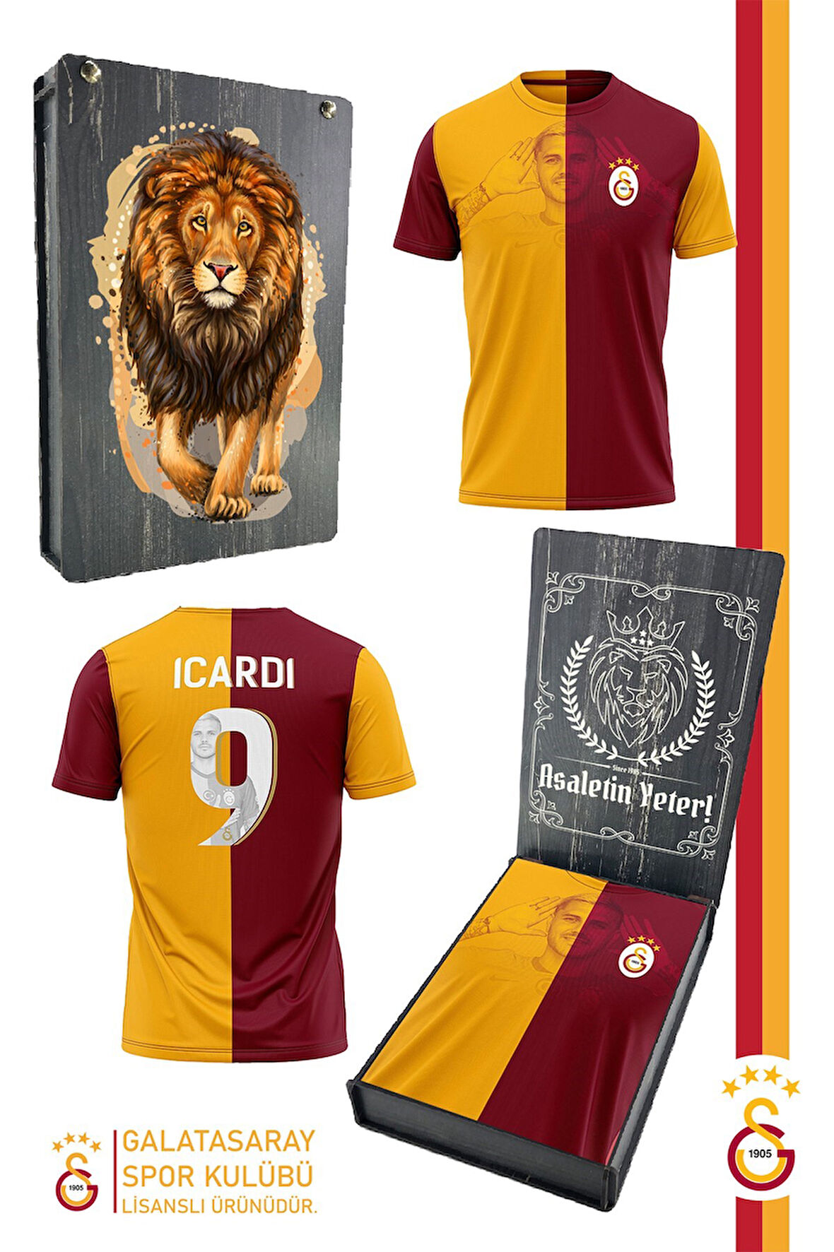 Galatasaray Orijinal Lisanslı İcardi Taraftar T-Shirt Gs Aslan Baskılı Hediyelik Ahşap Kutulu