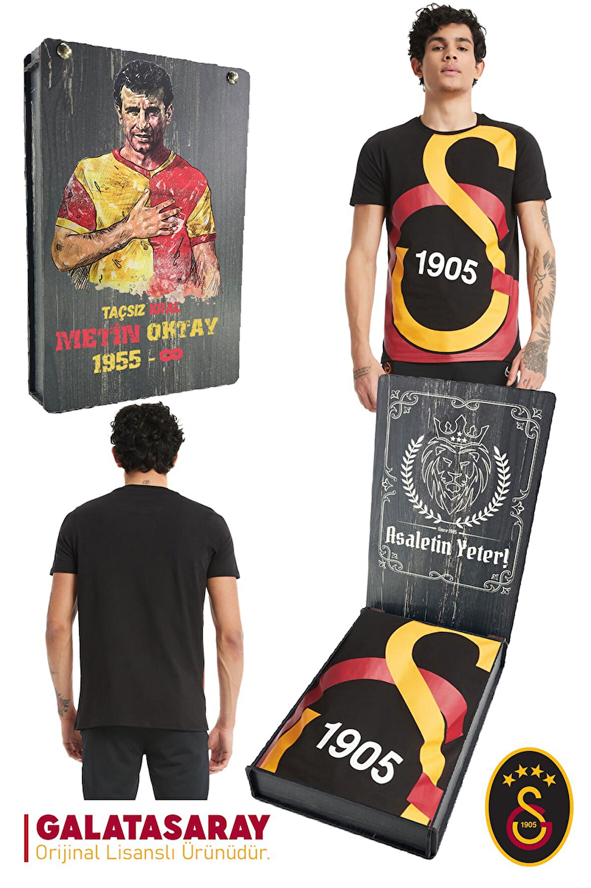 Galatasaray Orijinal Lisanslı Büyük Logolu T-Shirt Metin Oktay Baskılı Hediyelik Ahşap Kutulu