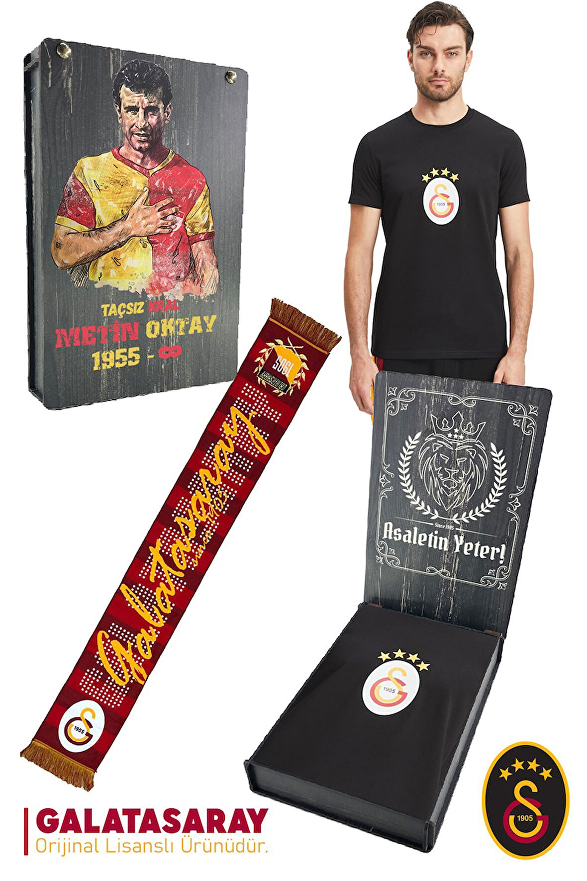 Galatasaray Orijinal Lisanslı Arma T-Shirt + Şal Kaşkol Set Hediyelik Ahşap Kutulu