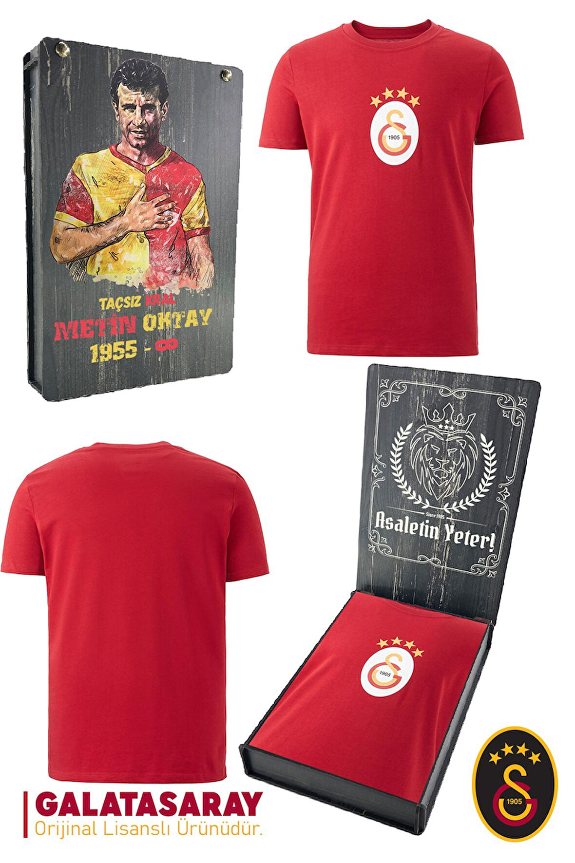 Galatasaray Orijinal Lisanslı Arma T-Shirt Metin Oktay Baskılı Hediyelik Ahşap Kutulu