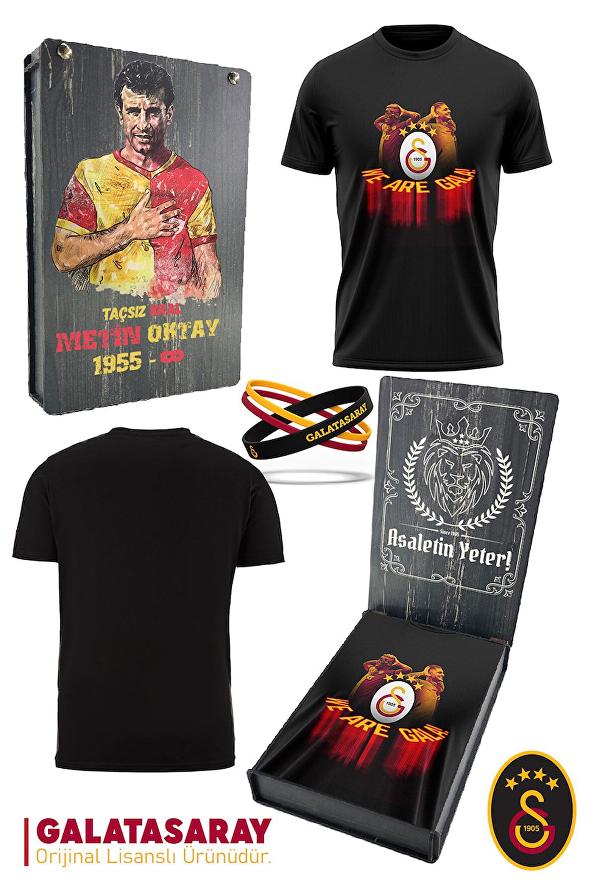 Galatasaray Orijinal Lisanslı We Are Gala T-Shirt + Bileklik Set Hediyelik Ahşap Kutulu