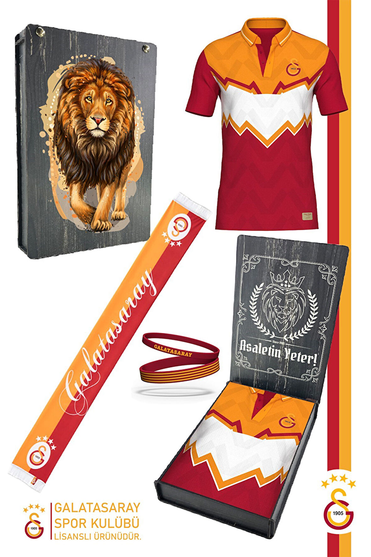 Galatasaray Orijinal Lisanslı Okan Buruk Desing Polo Yaka T-Shirt + Bileklik + Atkı Set Ahşap Kutulu