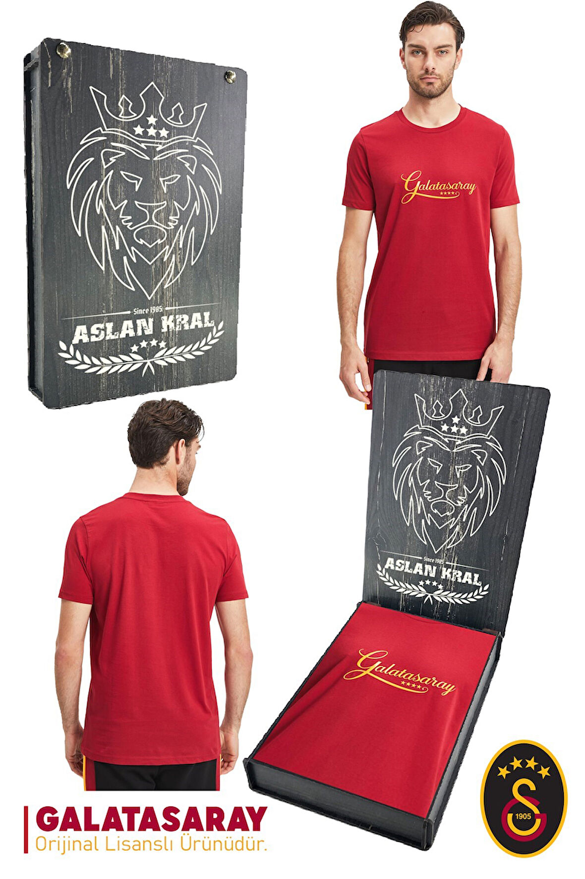 Galatasaray Orijinal Lisanslı Kırmızı Erkek T-Shirt Hediyelik Ahşap Kutulu
