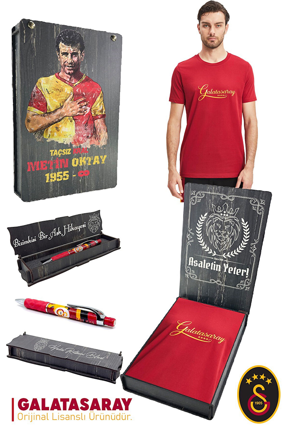 Galatasaray Orijinal Lisanslı Kırmızı Erkek T-Shirt + Uçlu Kalem Set Hediyelik Ahşap Kutulu