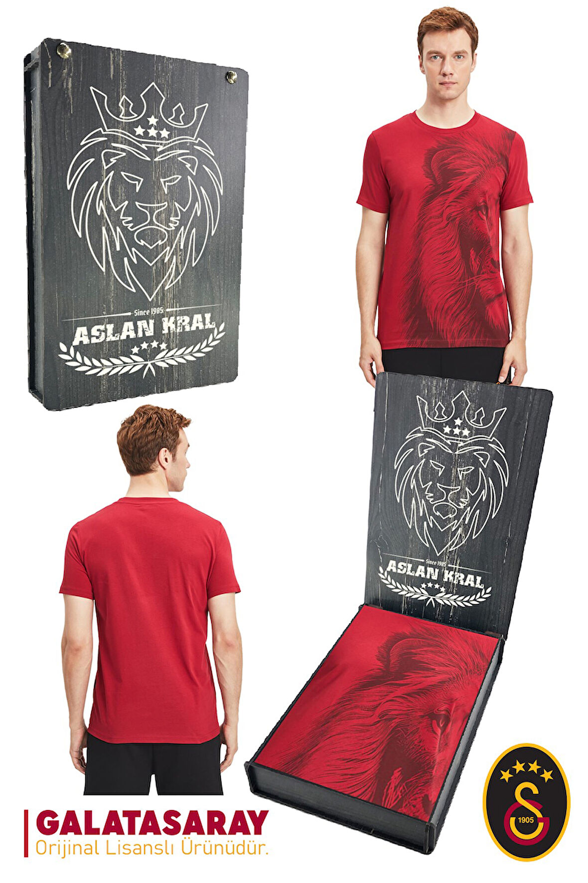 Galatasaray Orijinal Lisanslı Aslan Baskılı T-Shirt Hediyelik Ahşap Kutulu