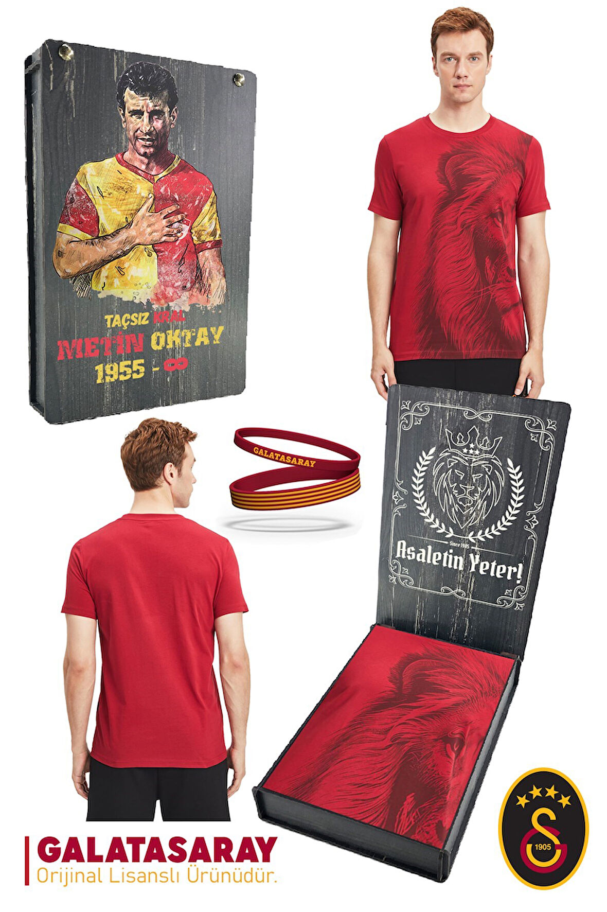 Galatasaray Orijinal Lisanslı Aslan Baskılı T-Shirt + Bileklik Set Hediyelik Ahşap Kutulu