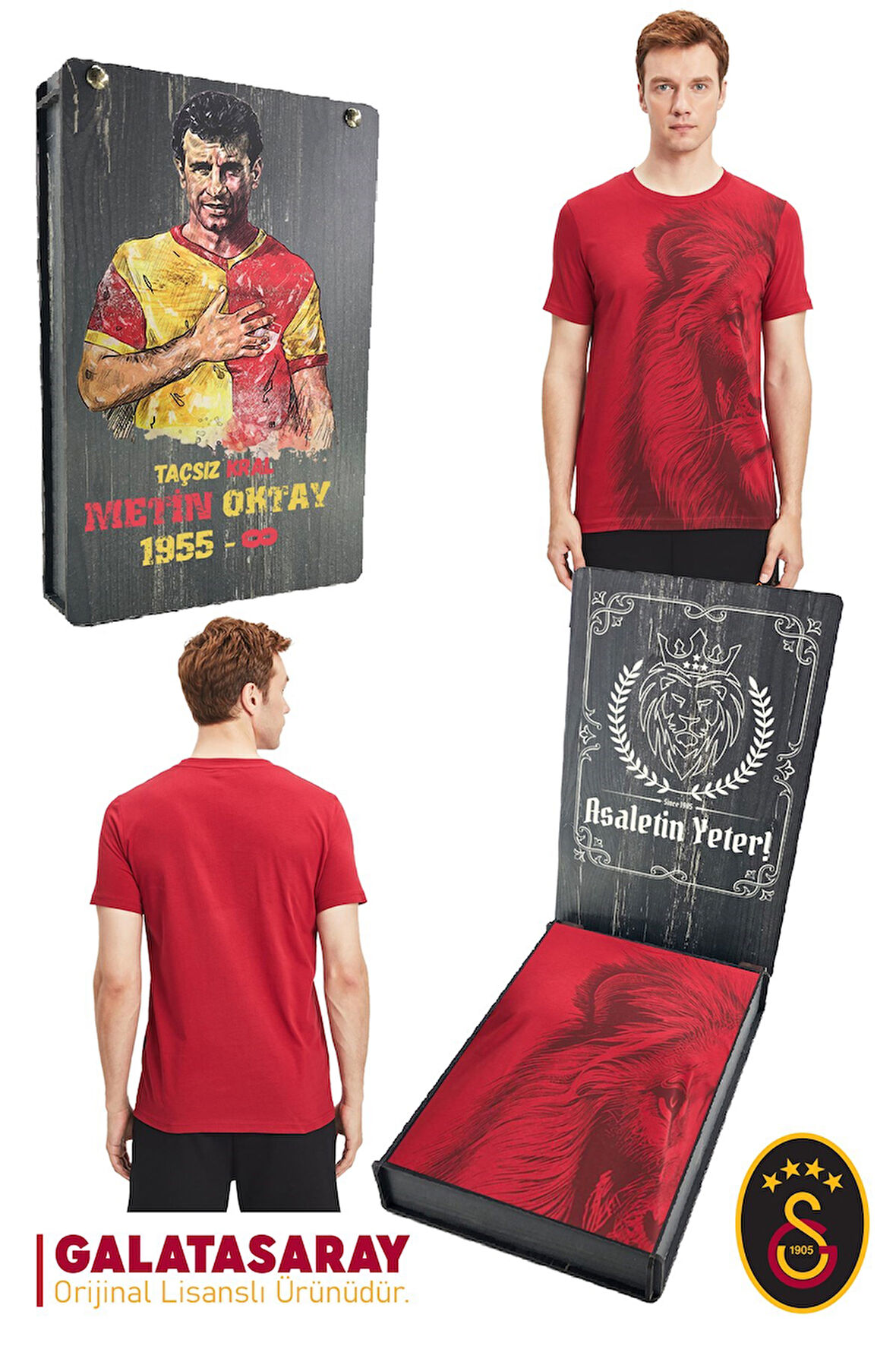 Galatasaray Orijinal Lisanslı Aslan Baskılı T-Shirt Metin Oktay Baskılı Hediyelik Ahşap Kutulu