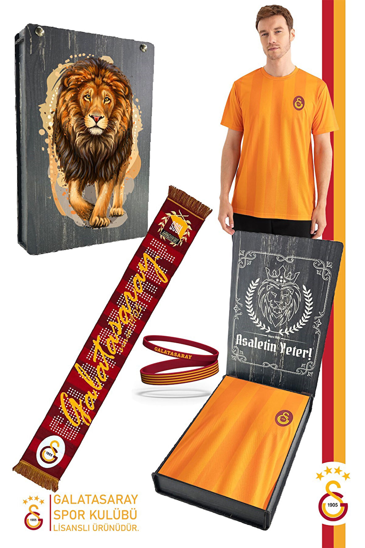 Galatasaray Orijinal Lisanslı Match Day T-Shirt + Bileklik + Atkı Set Hediyelik Ahşap Kutulu