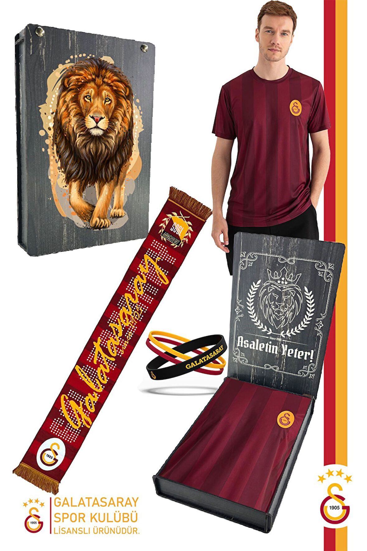 Galatasaray Orijinal Lisanslı Match Day T-Shirt + Bileklik + Atkı Set Hediyelik Ahşap Kutulu