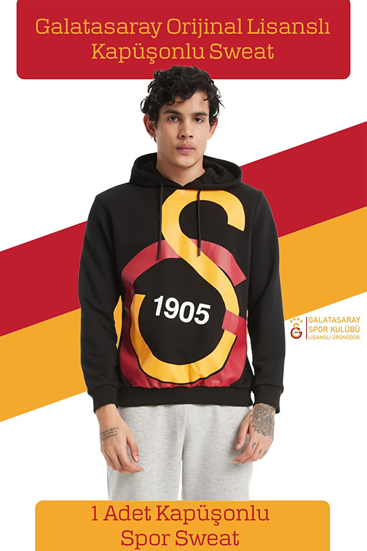 Galatasaray Orijinal Lisanslı Büyük Logo Kapüşonlu Siyah Erkek Sweat