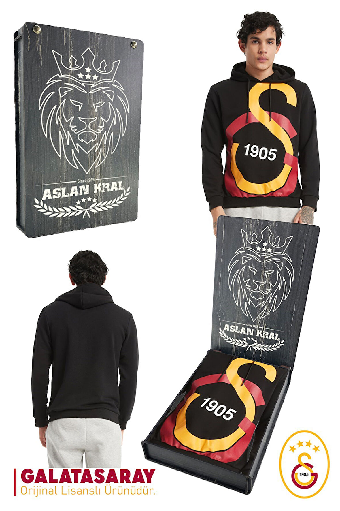 Galatasaray Orijinal Lisanslı Büyük Logo Kapüşonlu Erkek Sweat Hediyelik Ahşap Kutulu